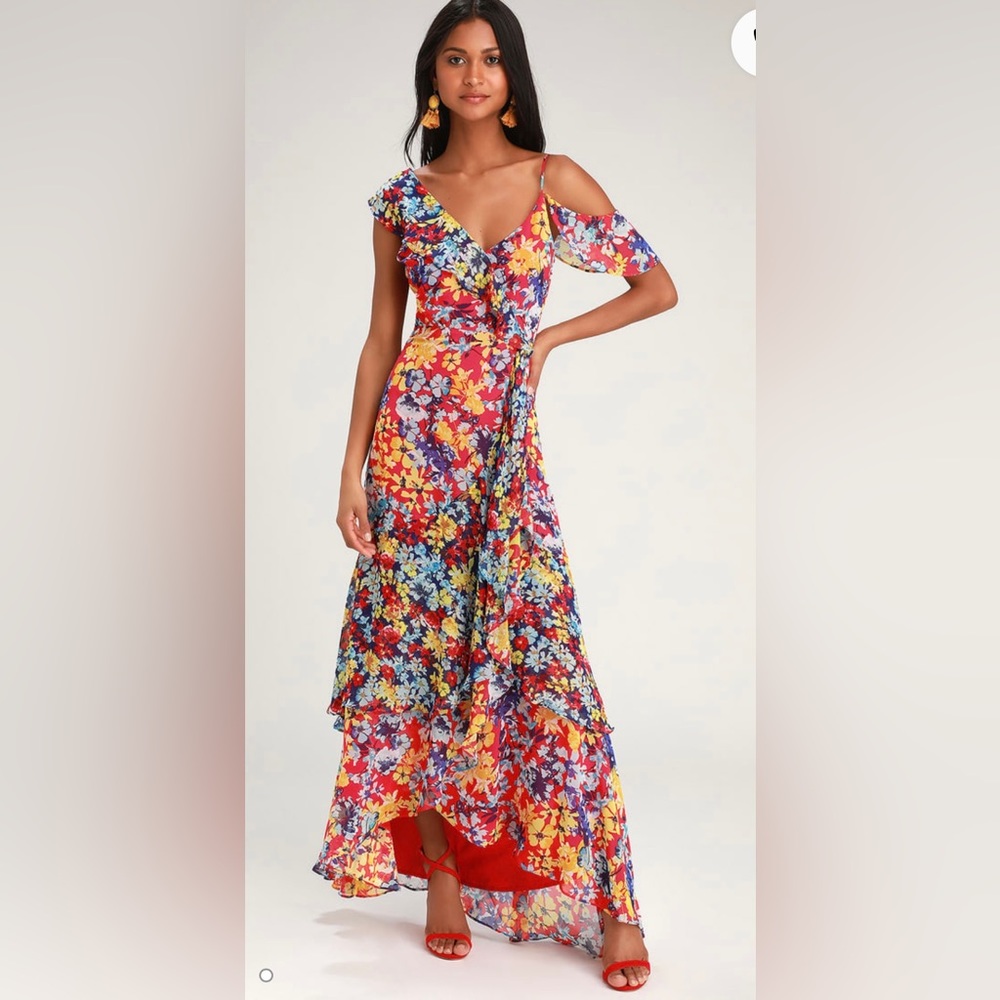 Radiant Ruby Red Floral Print Chiffon Maxi Dress